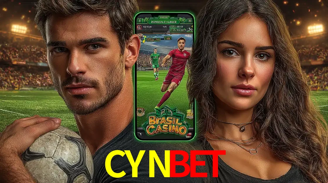 Homem segurando uma bola de futebol e uma mulher ao lado de um smartphone exibindo o jogo de apostas esportivas da CYNBET. Faça seu palpite no cassino online.